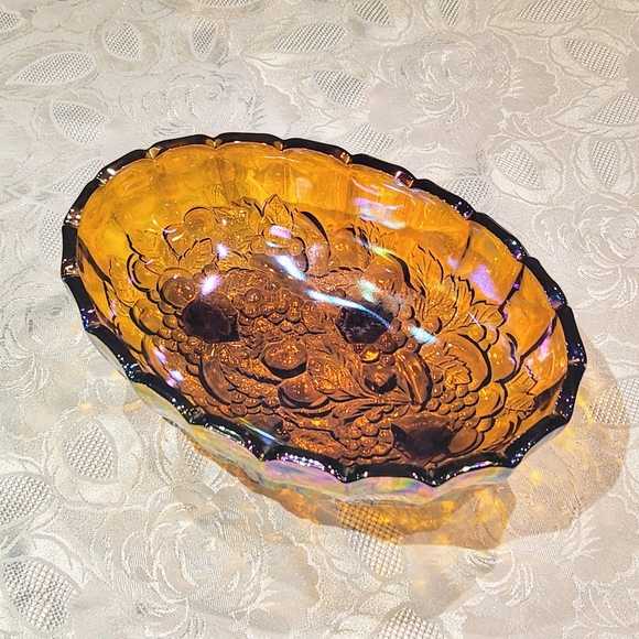 VTG Amber Iridescent, Footed Oval Indiana Carnival Glass, Harvest Fruit Bowl - Picture 6 of 9